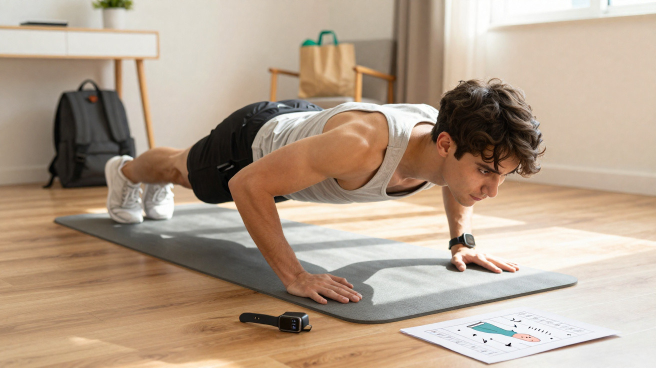 Jovem fazendo flexão sobre tapete fitness em ambiente claro com relógio e plano de treino no chão.