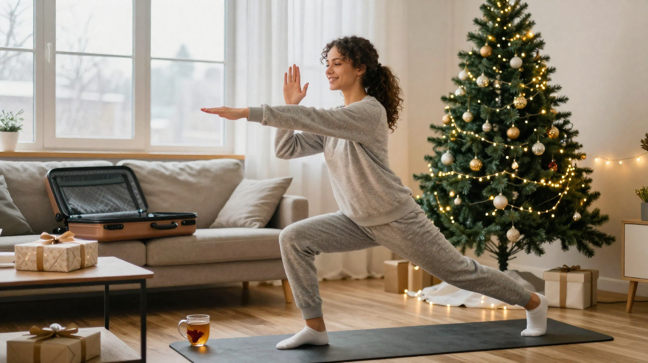 Mulher fazendo alongamento em tapete de yoga na sala decorada com árvore de Natal e presentes.