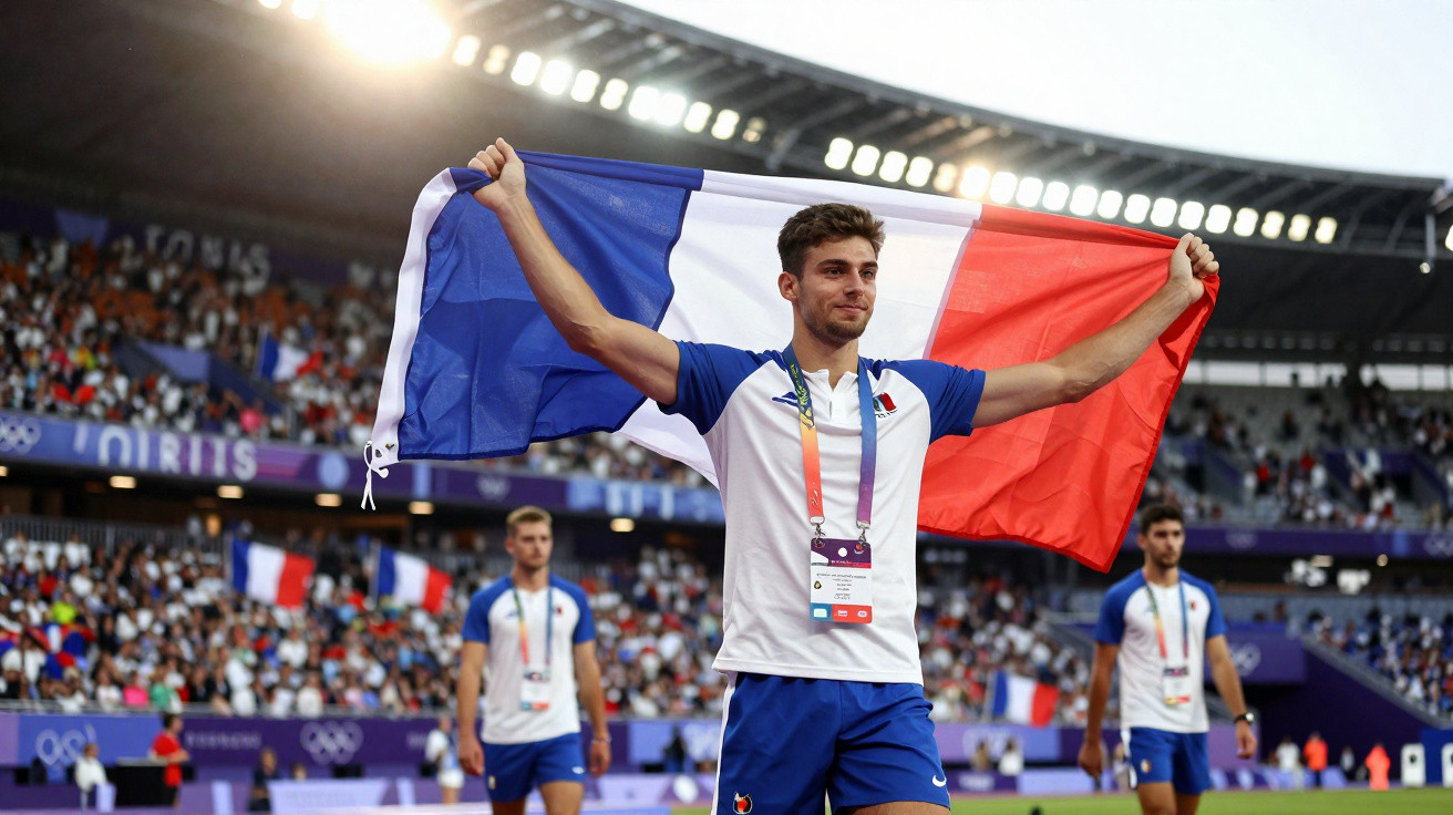 Atleta francês segurando a bandeira da França em estádio olímpico com público ao fundo.