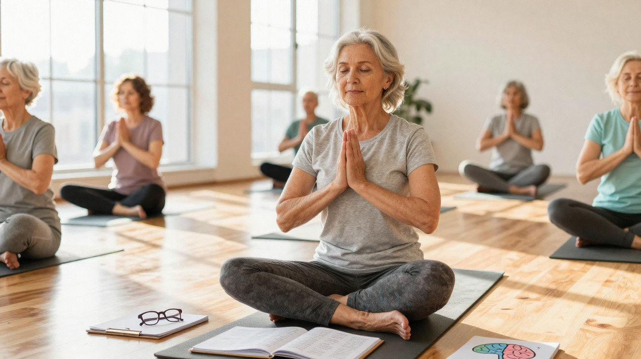 Grupo de senhoras em posição de meditação sentadas em colchonetes numa sala iluminada.
