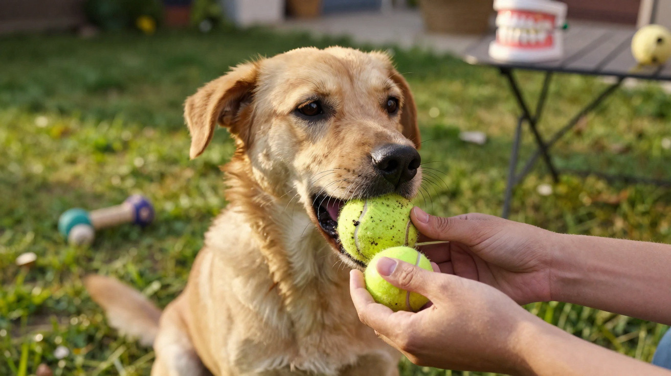 Cachorro dourado segurando uma bolinha de tênis na boca enquanto pessoa segura duas bolas em um jardim.