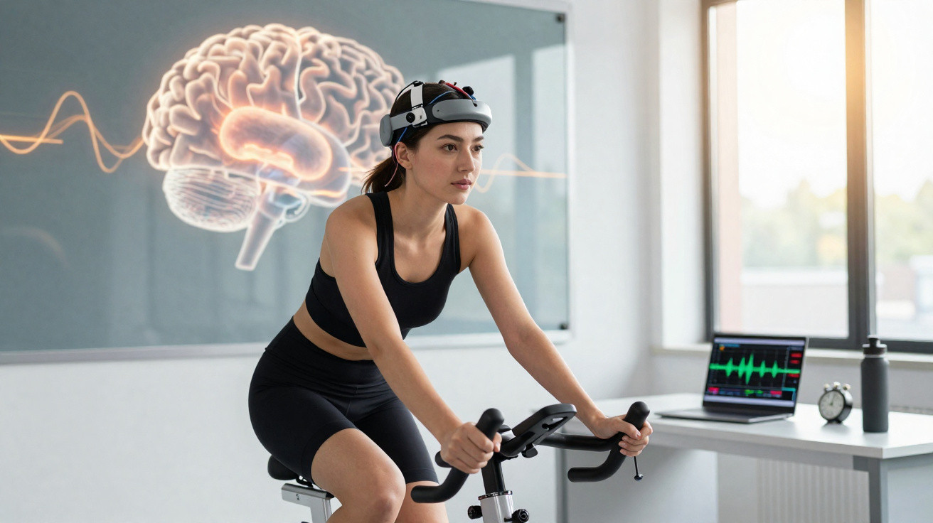 Mulher usando capacete EEG pedalando bicicleta ergométrica em laboratório com imagem digital do cérebro ao fundo.