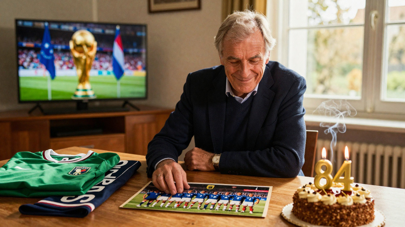Homem idoso sentado à mesa com bolo de aniversário, foto de time de futebol e TV com taça da Copa do Mundo.