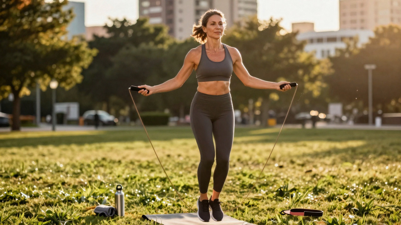 Mulher treinando ao ar livre, pulando corda em um parque com roupas esportivas cinza.