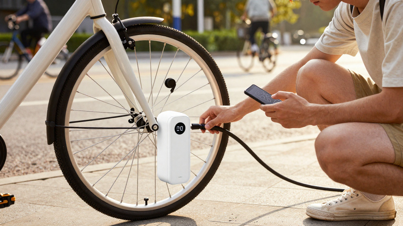 Homem usando bomba elétrica portátil para encher pneu de bicicleta branca na rua.