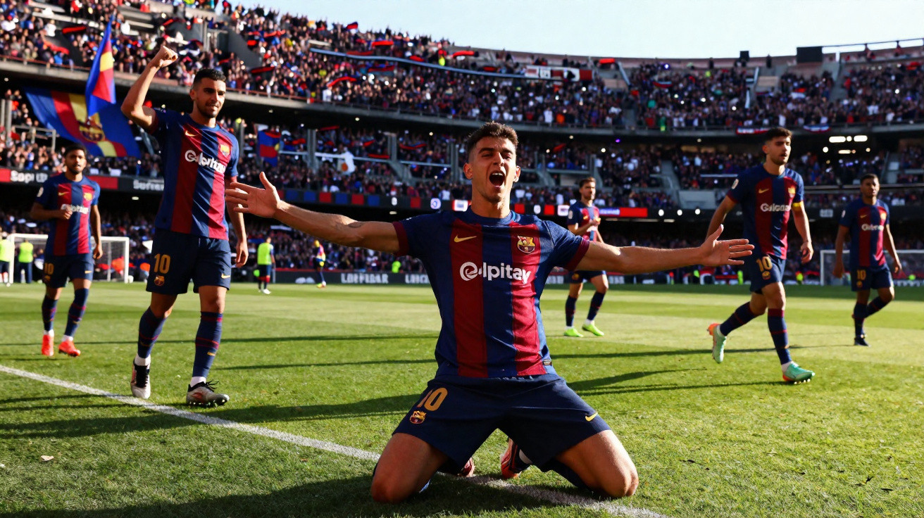 Jogador do Barcelona celebrando gol ajoelhado com braços abertos em estádio cheio de torcedores.