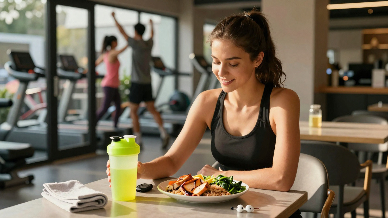 Mulher jovem sentada em mesa de academia com prato de comida saudável e garrafa de shake proteico.