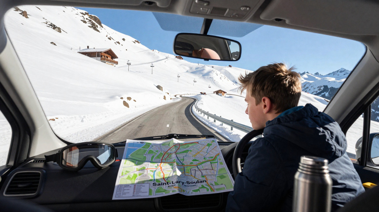 Pessoa dirigindo carro em estrada de montanha com neve, mapa aberto no painel e óculos de esqui ao lado.
