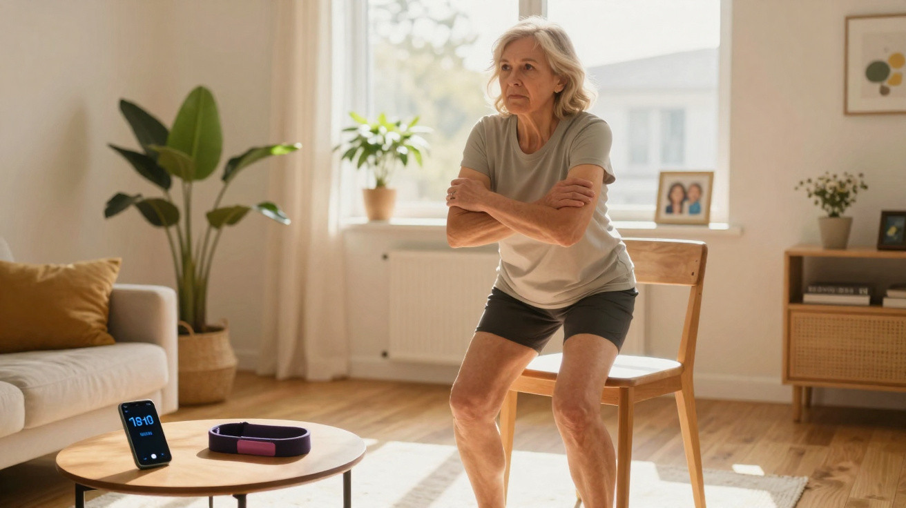 Mulher idosa fazendo exercício de agachamento em sala iluminada, usando camiseta e shorts.