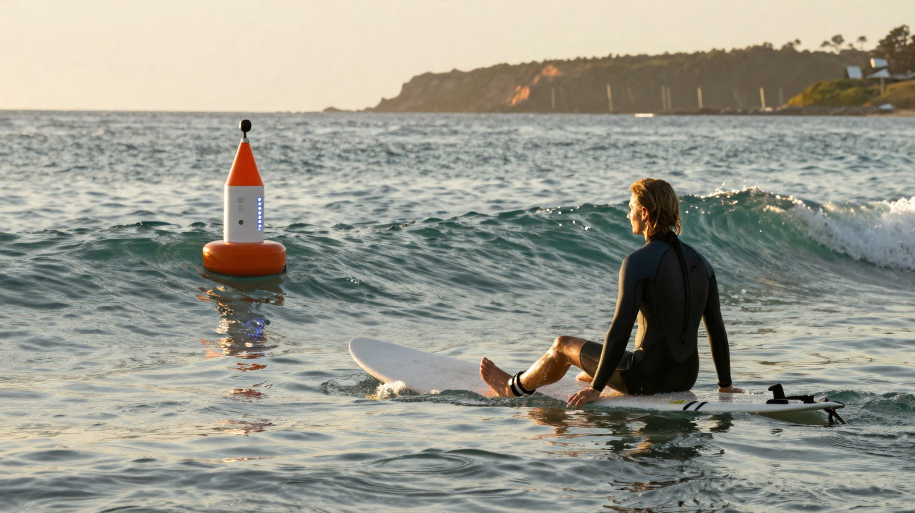 Homem de wetsuit sentado em prancha de surf no mar calmo perto de boia laranja ao entardecer.