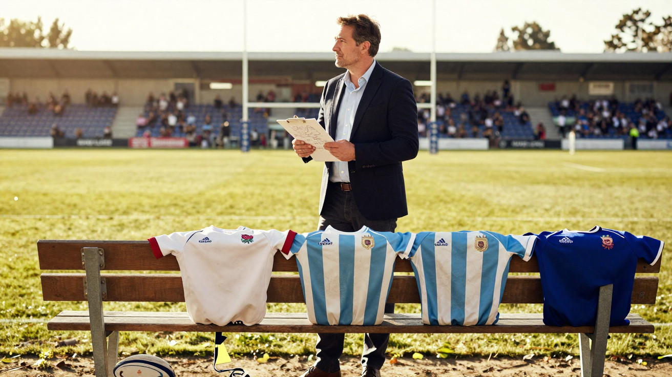 Homem em terno segura prancheta em campo de rugby com quatro camisas de times sobre banco de madeira.