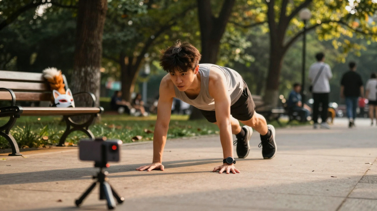 Homem fazendo flexão no parque enquanto é filmado por câmera em tripé no chão.