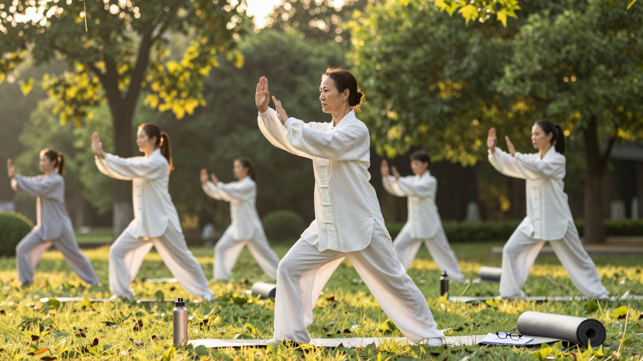 Grupo de pessoas praticando tai chi ao ar livre em parque ensolarado com roupas tradicionais brancas.