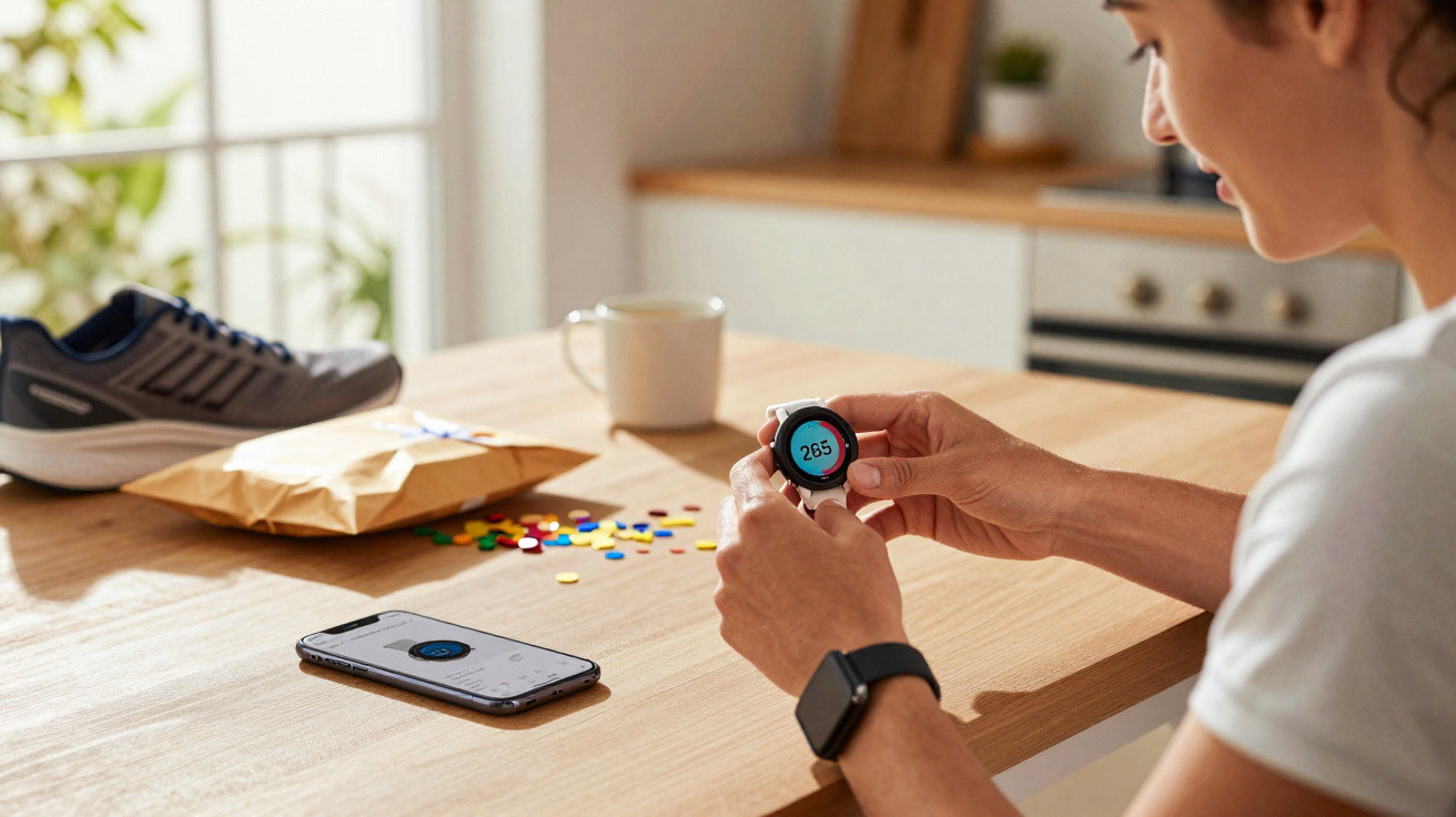 Pessoa verificando dados em relógio inteligente na cozinha, com tênis, smartphone e cápsulas coloridas na mesa.