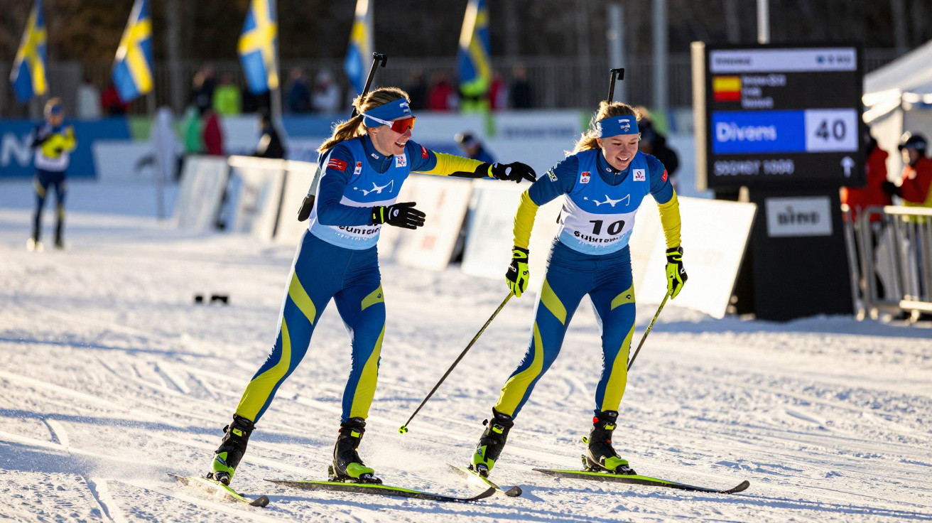 Duas atletas de esqui cross-country competindo com equipamento e roupa azul e amarelo na neve.