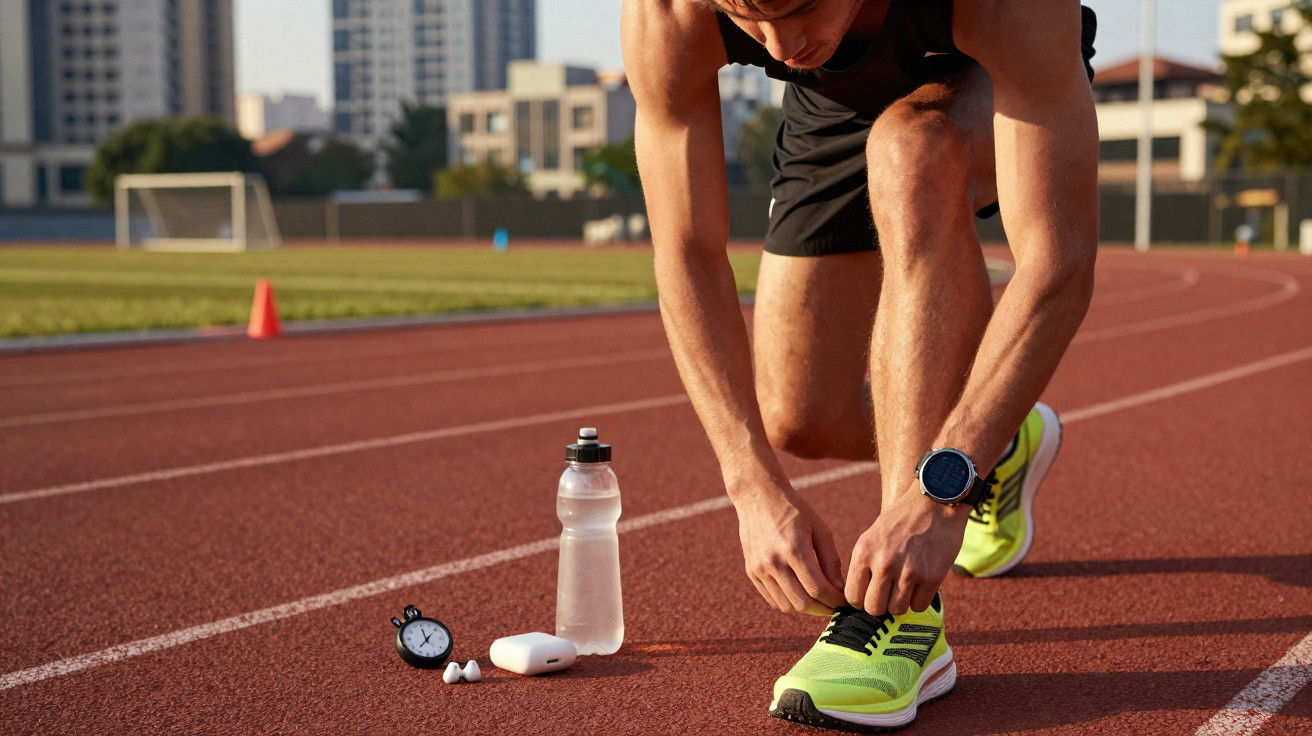 Atleta amarrando tênis neon em pista de atletismo com garrafa, cronômetro e fones ao lado.