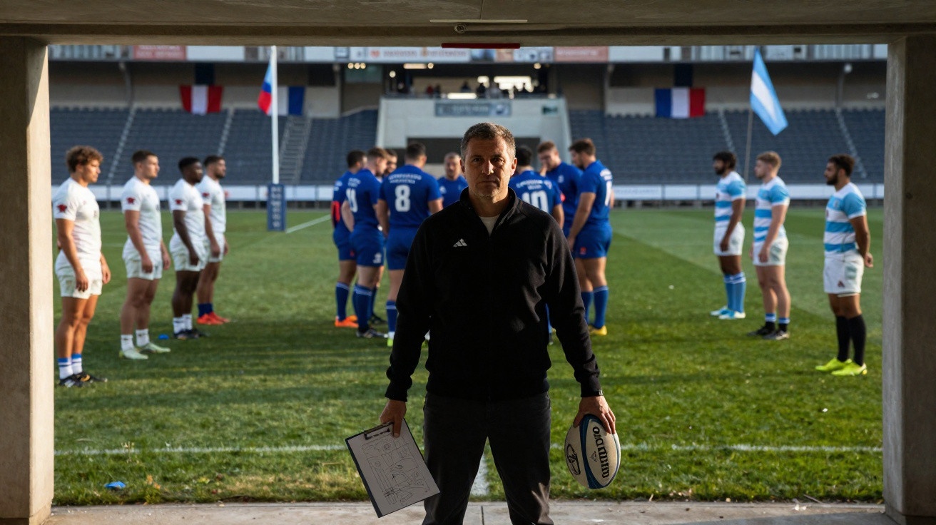 Treinador de rugby segurando bola e prancheta com jogadores alinhados no campo ao fundo.
