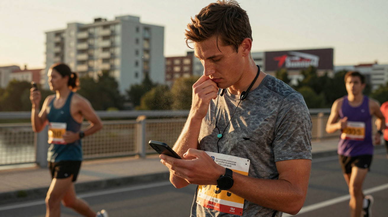 Homem com roupa esportiva olhando para o celular durante corrida ao ar livre ao pôr do sol.