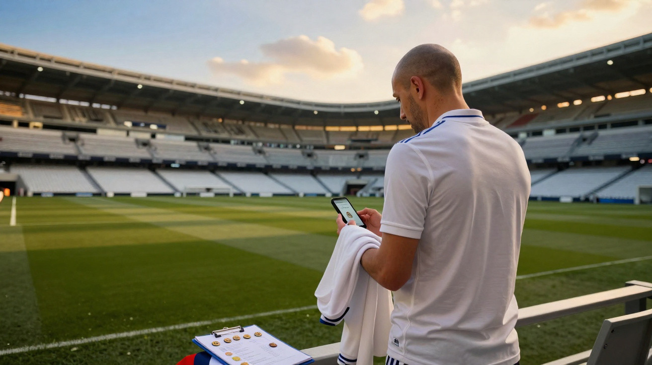 Homem em estádio vazio olhando celular, segurando camisa branca ao pôr do sol.
