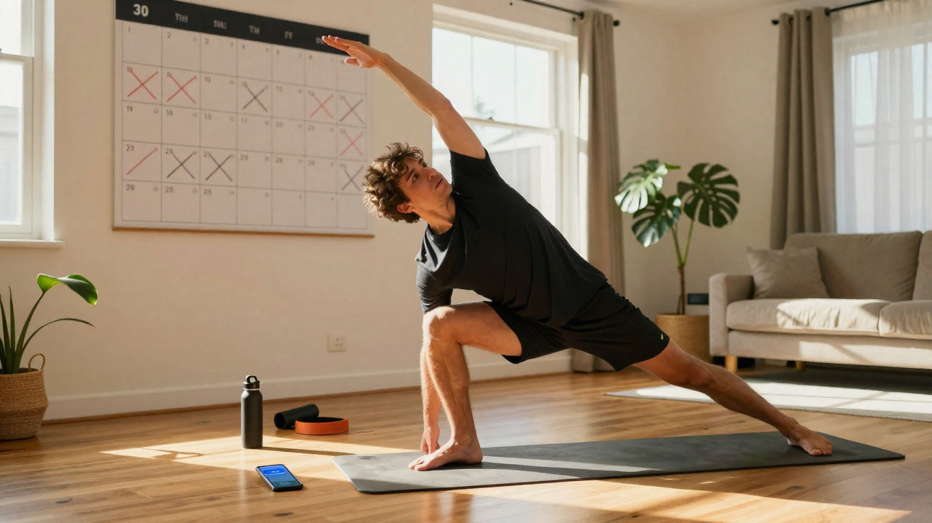 Jovem fazendo alongamento em tapete de yoga na sala iluminada, com calendário e plantas ao fundo.
