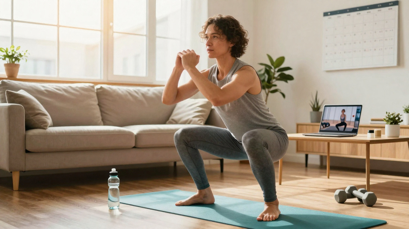 Pessoa fazendo agachamento em tapete de yoga na sala, seguindo treino online pelo notebook.