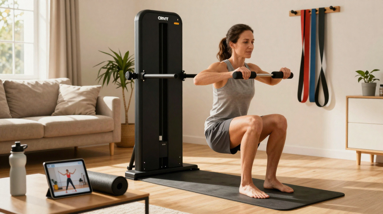 Mulher fazendo exercício de agachamento com máquina de musculação em sala de estar.
