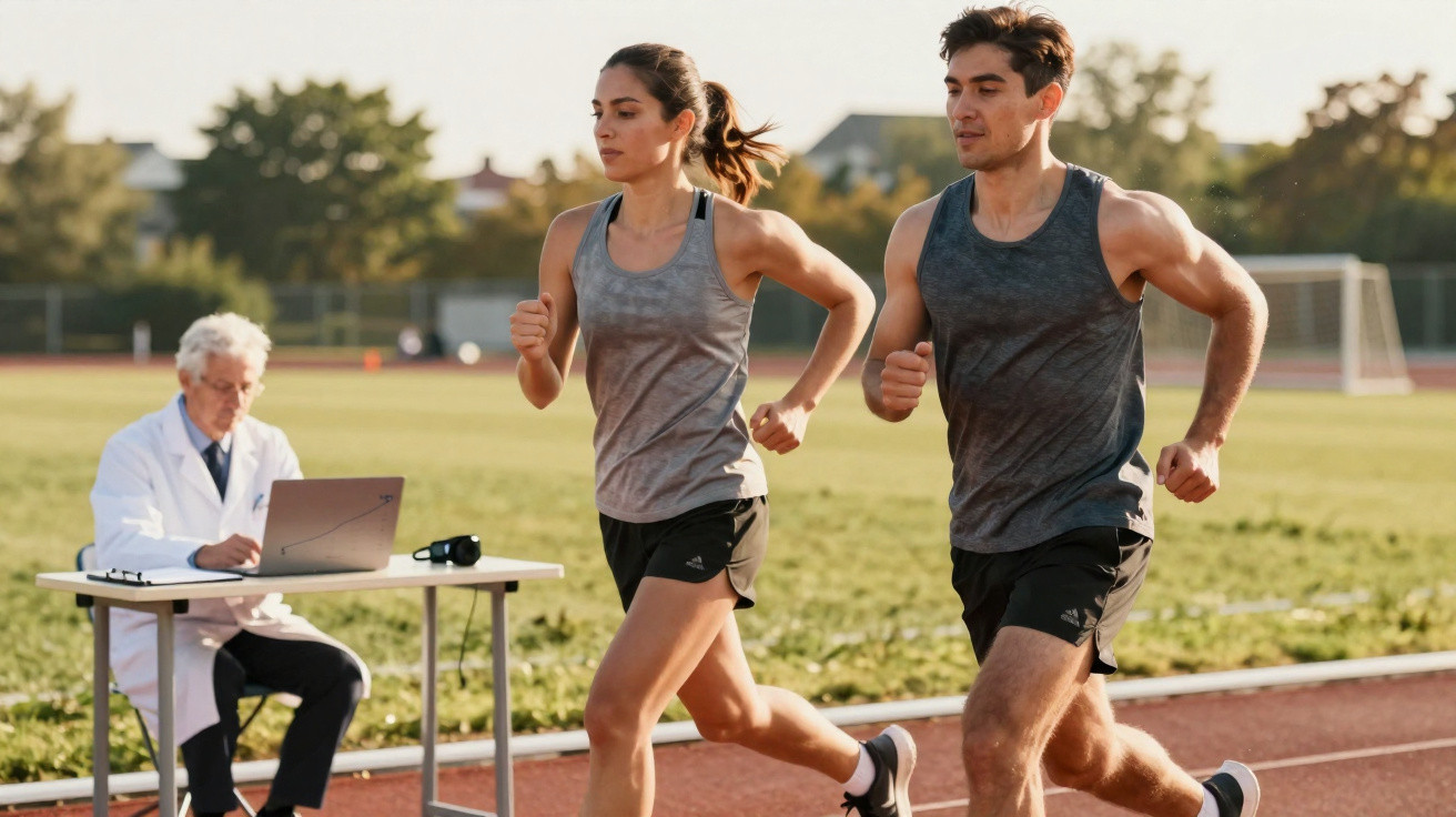 Casal correndo em pista de atletismo enquanto médico idoso avalia desempenho em laptop ao lado.