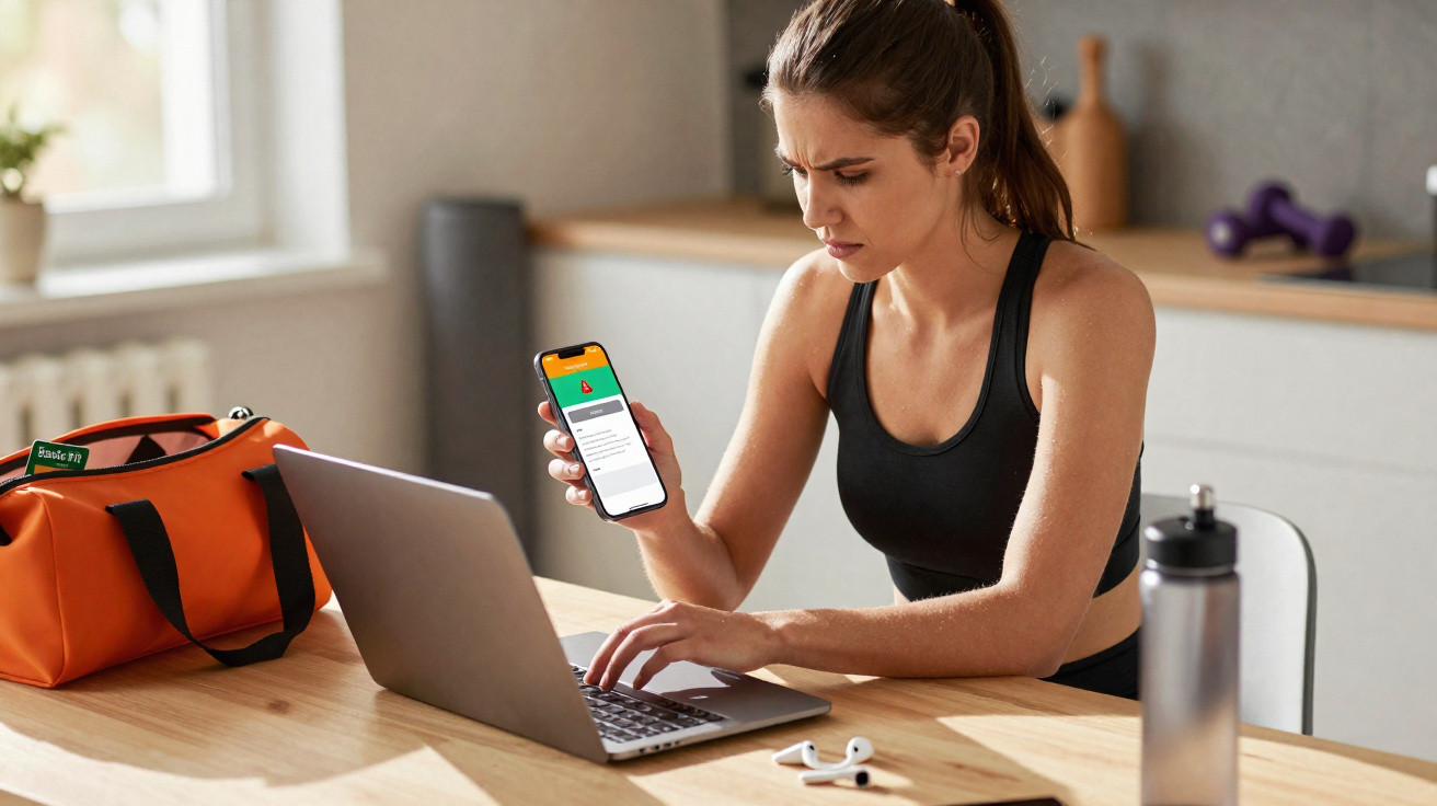 Mulher em roupa de academia usando laptop e segurando smartphone sentada à mesa em ambiente interno.