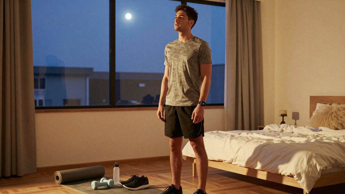 Jovem em roupas de treino olhando pela janela ao lado de tapete e pesos em quarto à noite.
