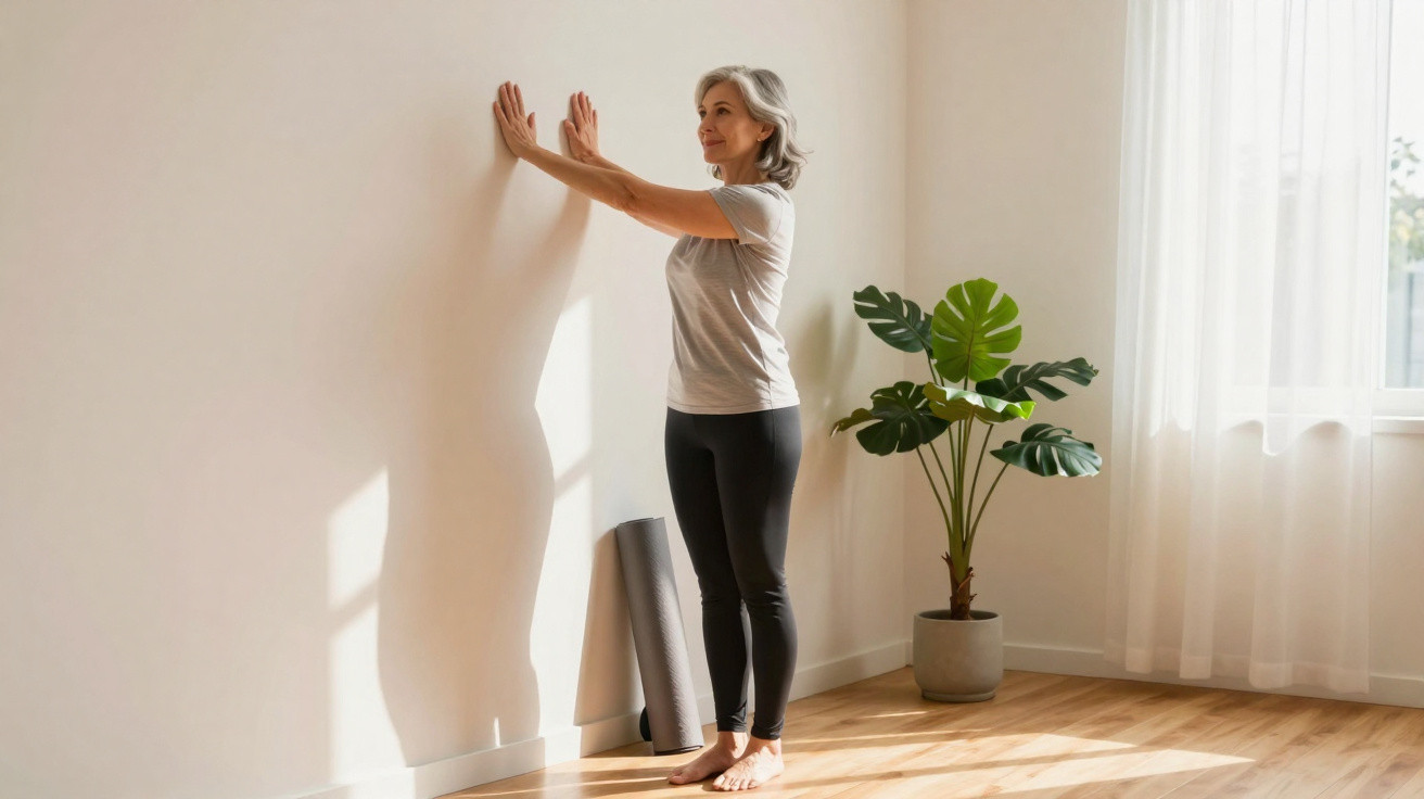 Mulher madura fazendo alongamento contra a parede em ambiente claro com planta ao lado e tapete de yoga.