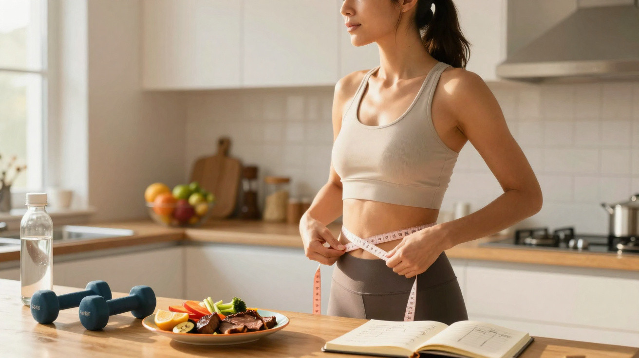 Mulher medindo cintura com fita métrica na cozinha com pratos saudáveis, pesos e garrafa de água.