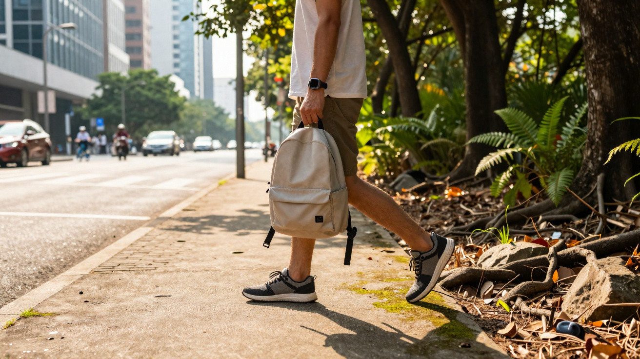 Pessoa caminhando na calçada de rua urbana com mochila bege e tênis preto e branco.
