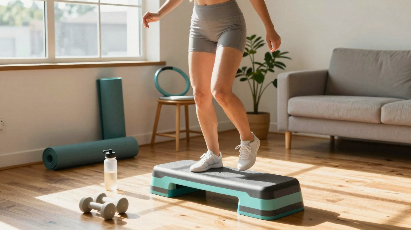 Pessoa fazendo exercício step em sala com tapete, halteres e garrafa de água no chão.