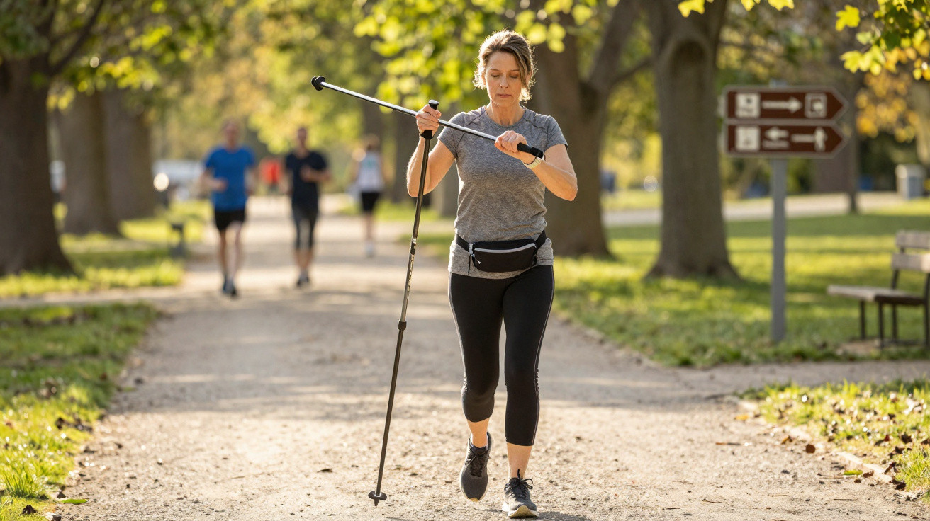 Mulher praticando caminhada com bastões em parque, vestindo roupa esportiva cinza e preta.