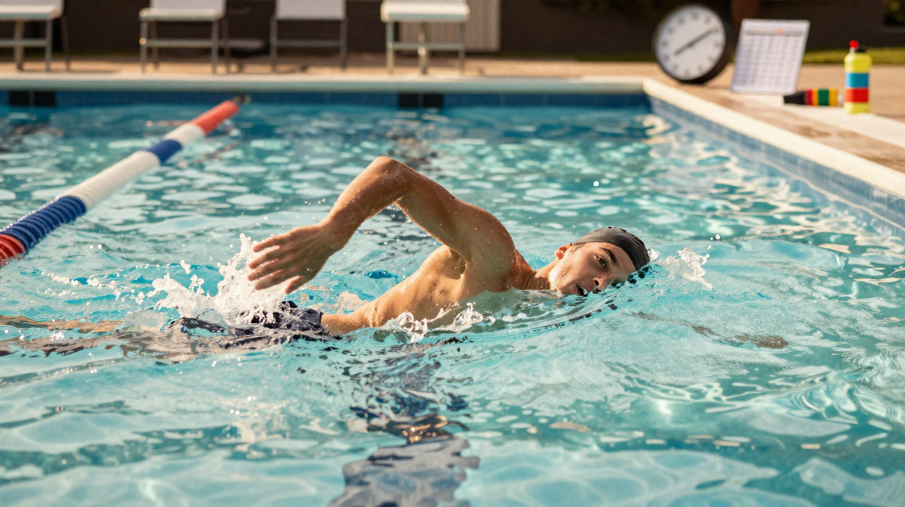 Homem nadando em piscina esportiva usando touca de natação sob luz natural durante treino.