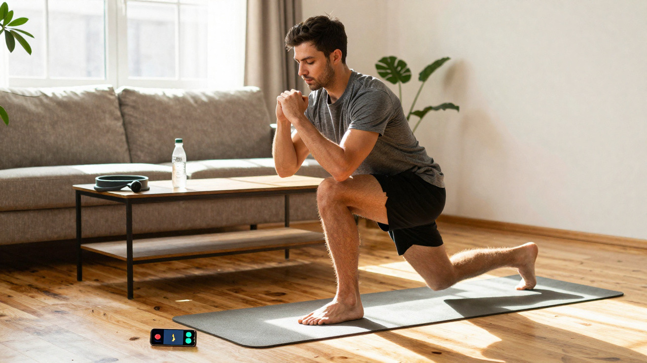 Homem fazendo alongamento em estúdio em casa sobre tapete de yoga com garrafa de água e celular próximo.