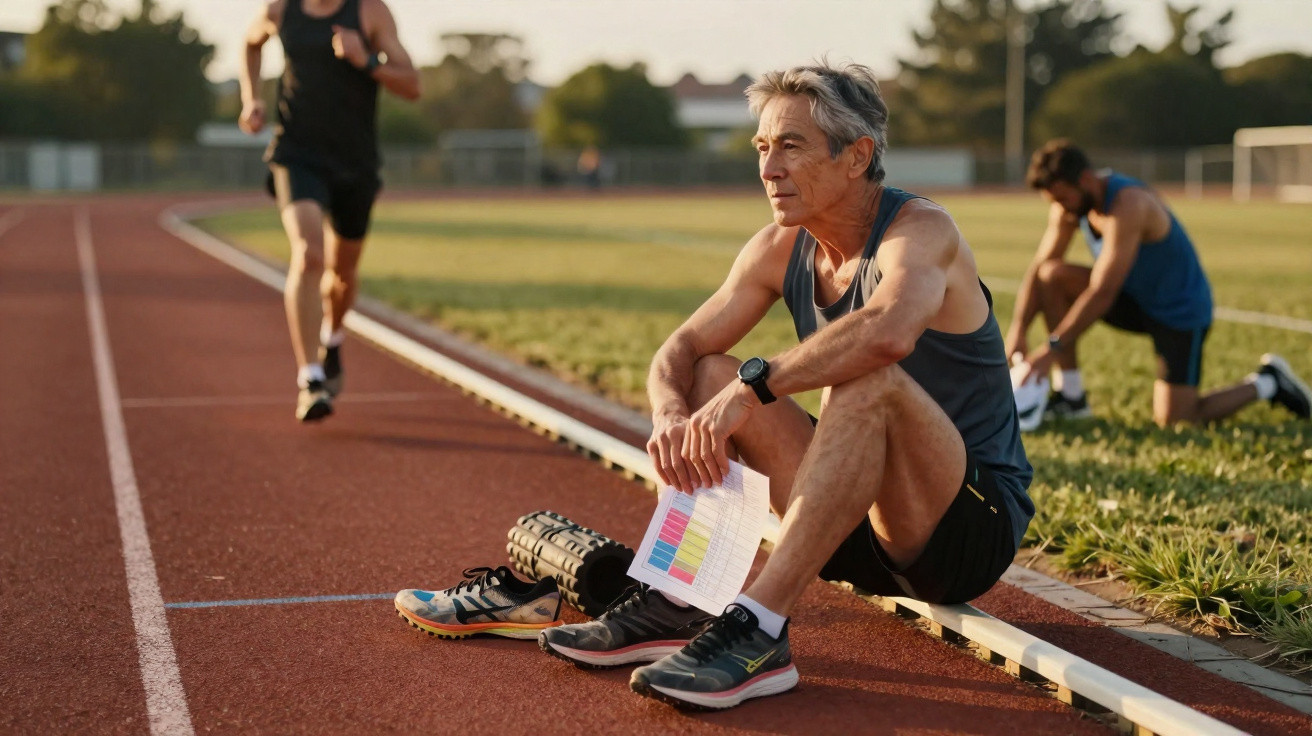 Homem sentado na pista de atletismo segurando uma planilha, com corredores ao fundo em treino.