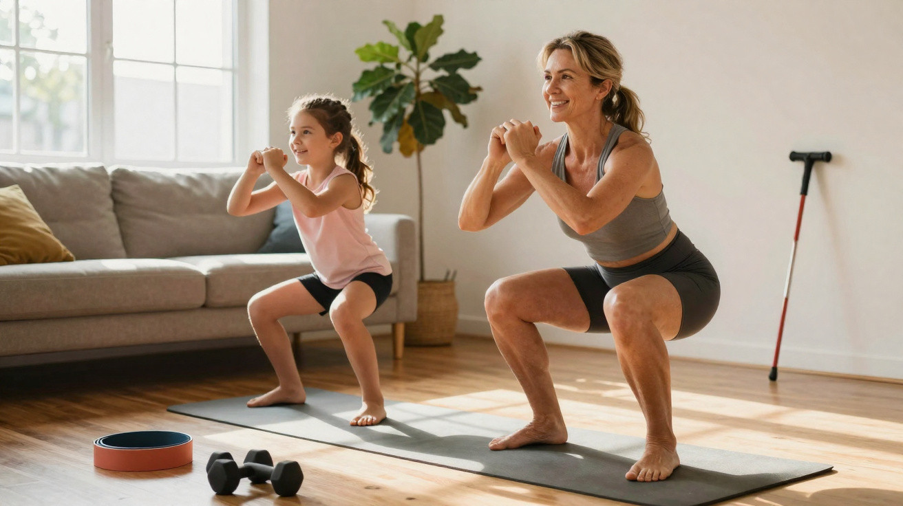 Mulher e menina fazem agachamento em tapetes de yoga na sala iluminada e arejada.