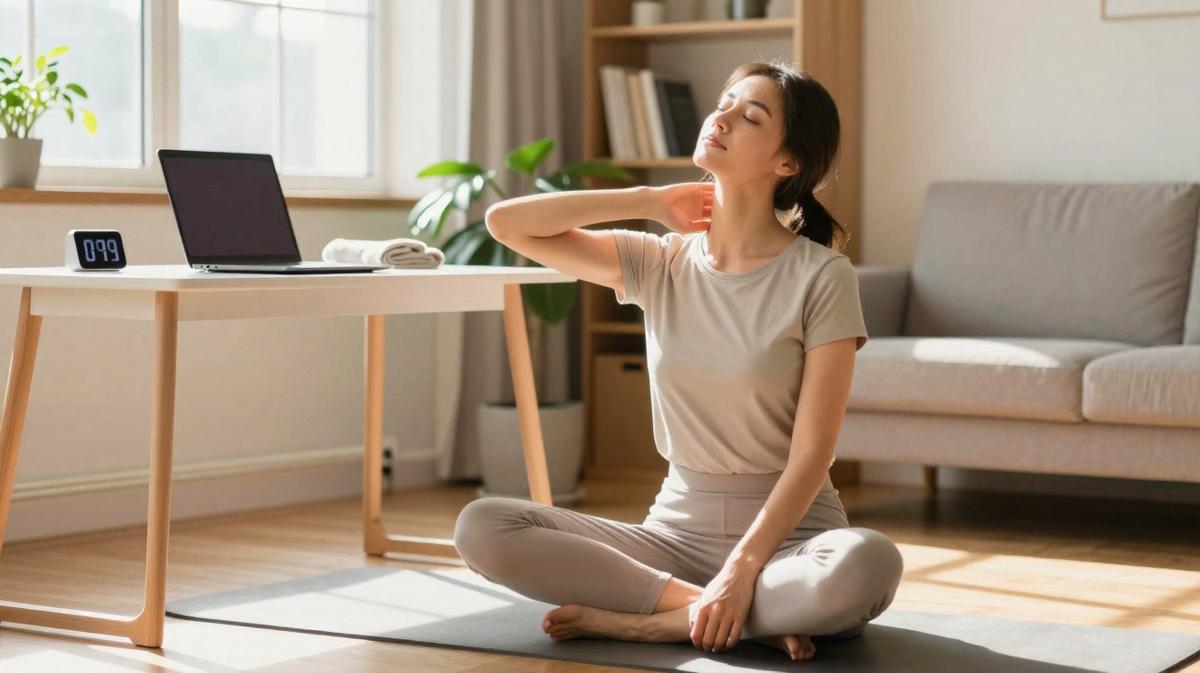 Mulher sentada em tapete de yoga alongando o pescoço em sala iluminada com sofá e mesa ao fundo.