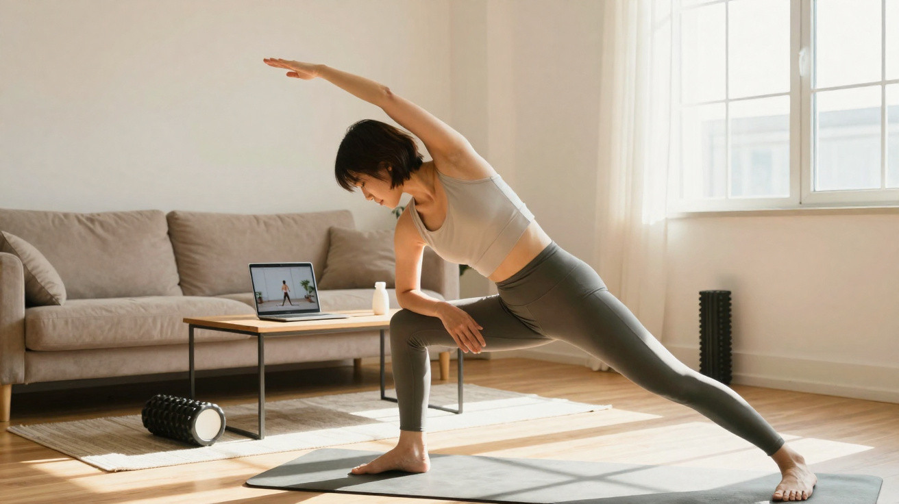 Mulher praticando yoga em sala iluminada, seguindo aula online no laptop sobre mesa de centro.
