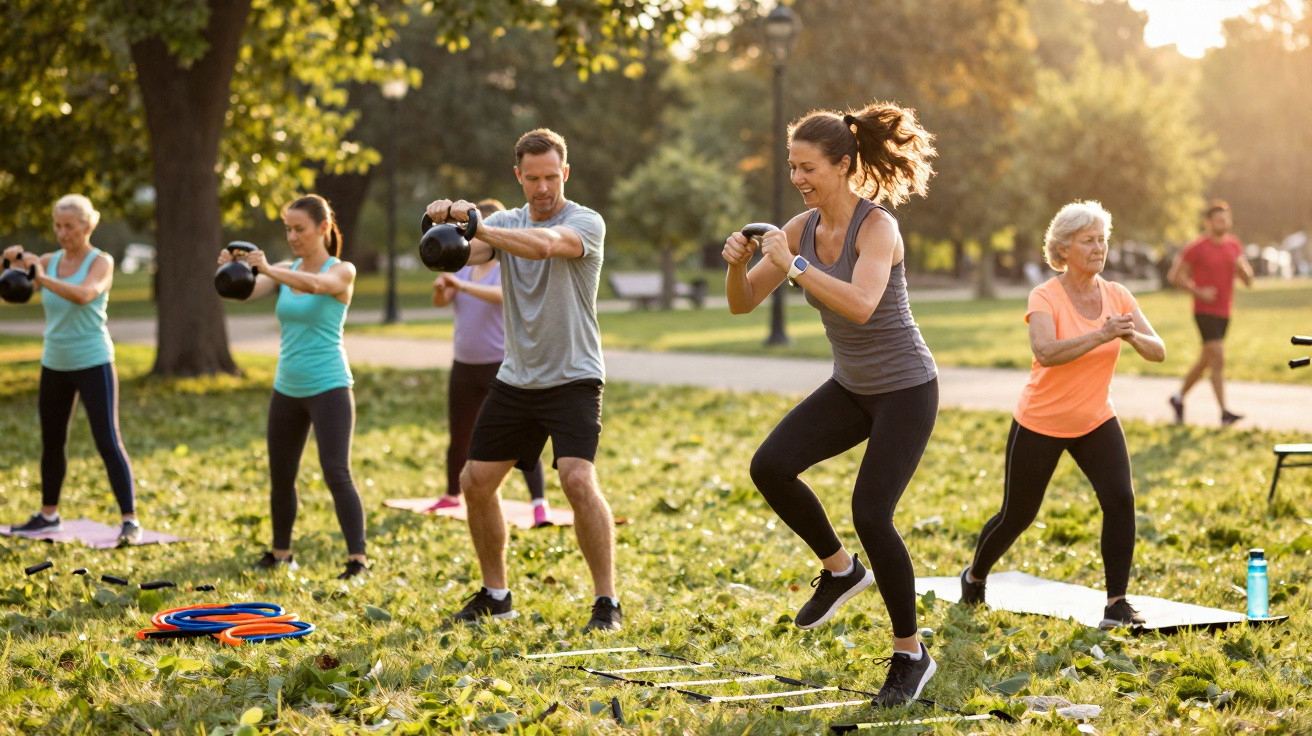 Grupo variado de pessoas praticando exercícios ao ar livre em um parque ensolarado.