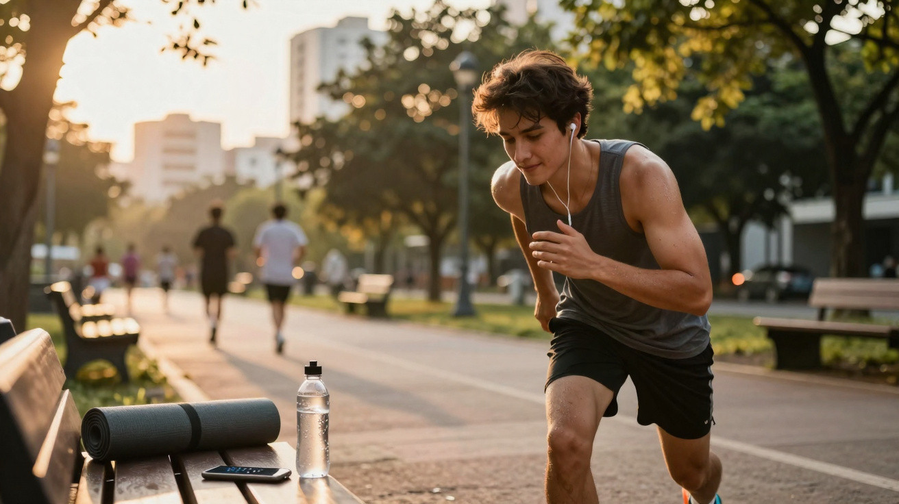 Jovem correndo em parque urbano ao entardecer, com garrafa de água e tapete de yoga em banco próximo.