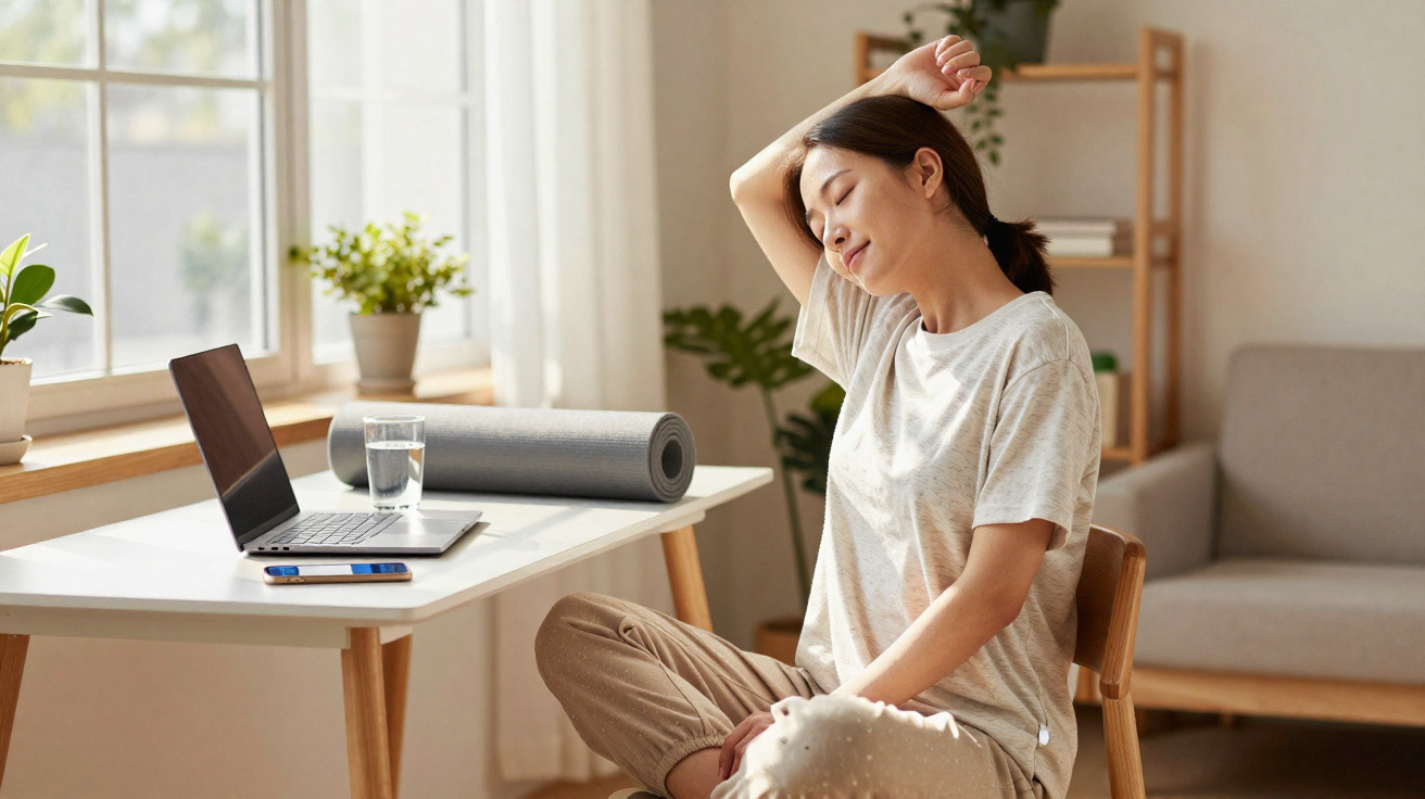 Mulher sentada em cadeira, fazendo alongamento de braço em ambiente iluminado com planta e laptop na mesa.