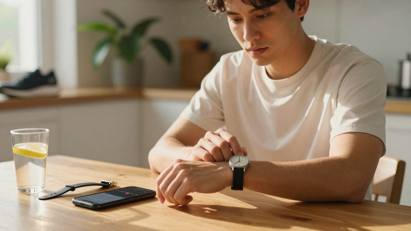 Jovem sentado à mesa conferindo relógio enquanto smartphone e copo com água e limão estão sobre a mesa.