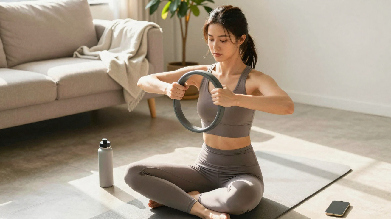 Mulher praticando yoga com anel de pilates sentada em tapete em sala iluminada ao sol.