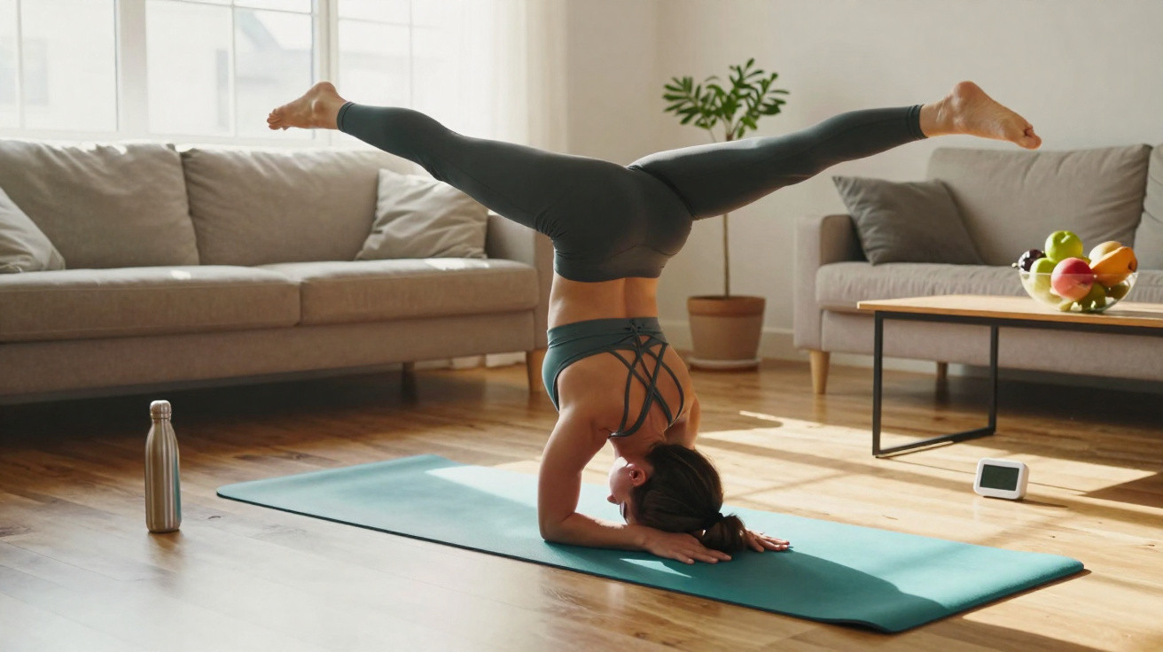Mulher praticando yoga em equilíbrio com cabeça no chão e pernas abertas em sala iluminada.