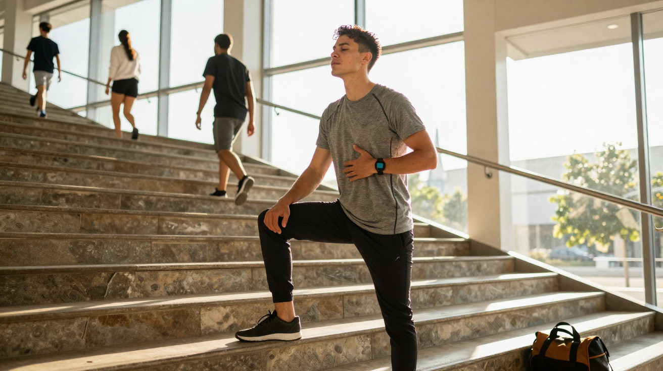 Jovem em roupas esportivas fazendo exercício de respiração ao subir escada em ambiente iluminado por luz natural.