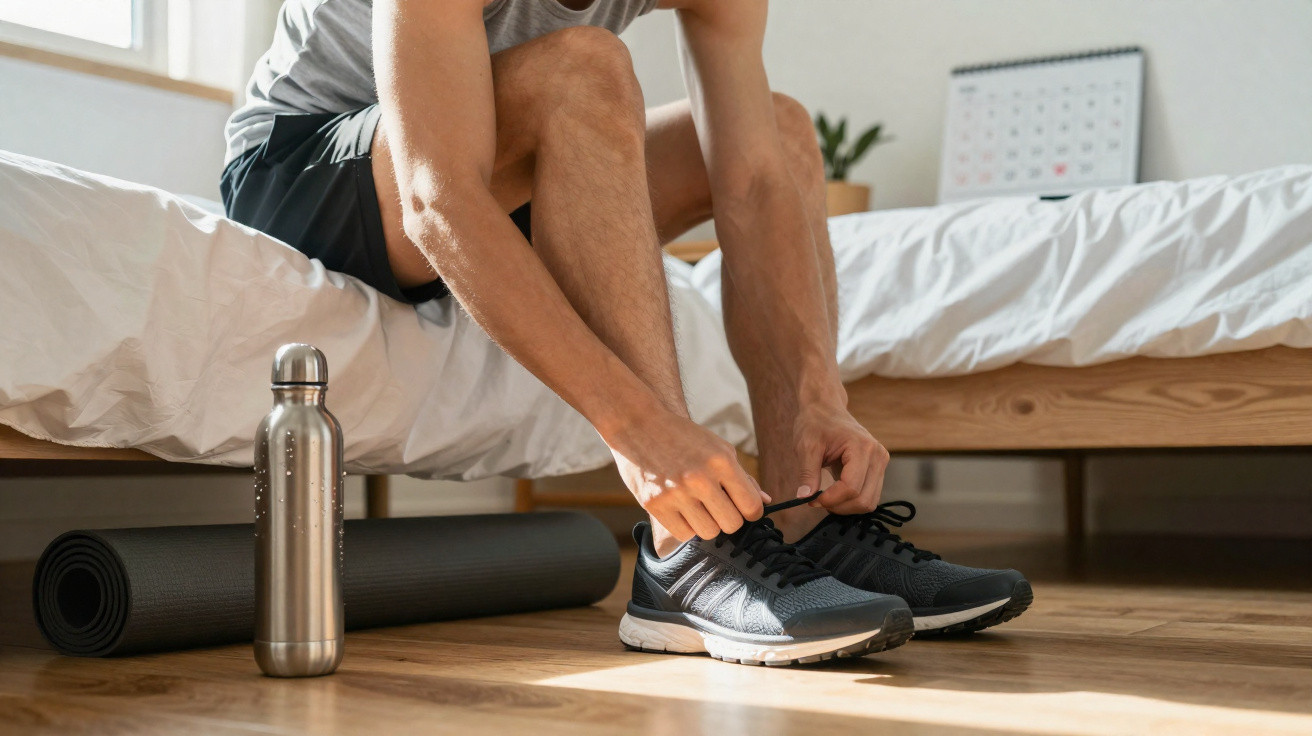 Pessoa sentada na cama amarrando tênis preto, ao lado há uma garrafa de água e um tapete de yoga.