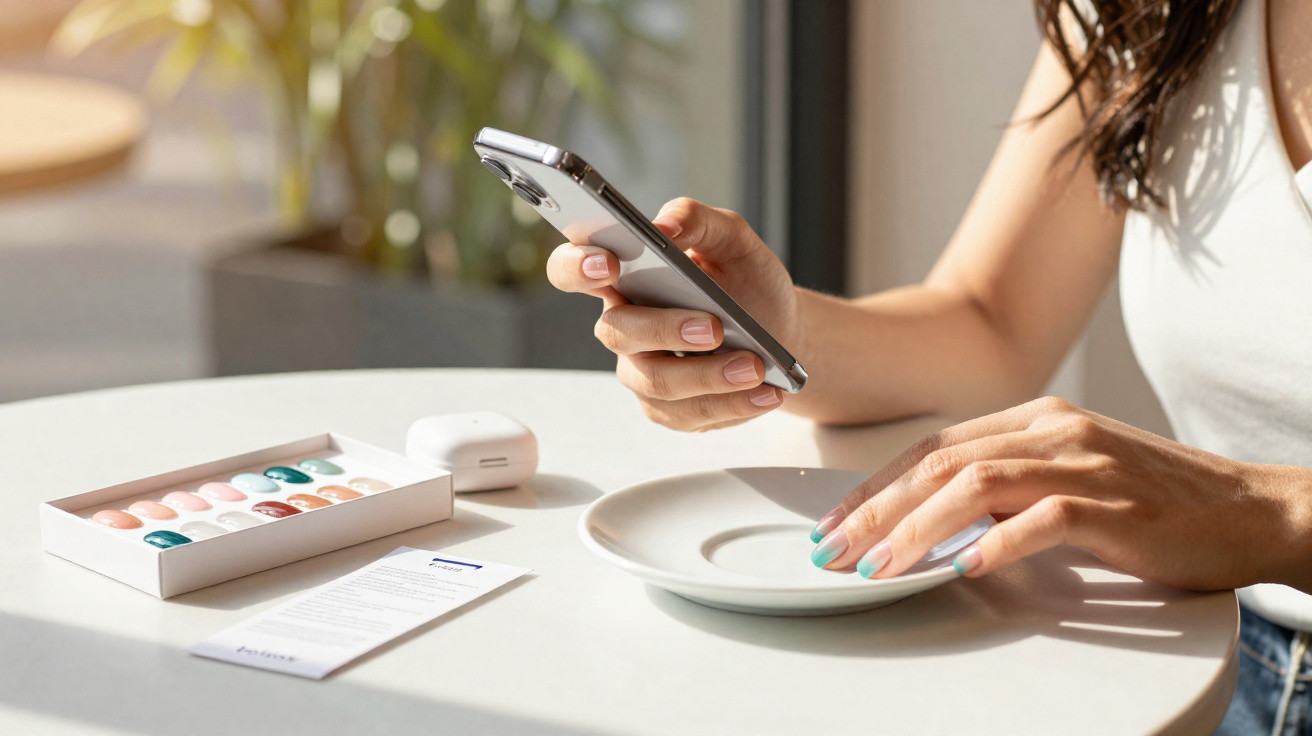 Mulher usando esmalte verde claro segura prato branco e celular com mesa e kit de unhas artificiais.