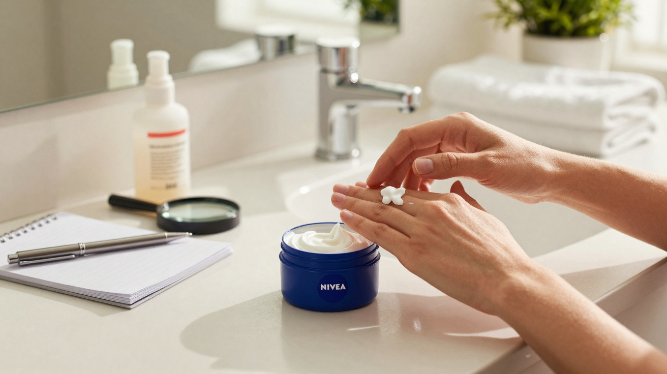 Mãos aplicando creme Nivea em cima da pia do banheiro com toalhas e planta ao fundo.